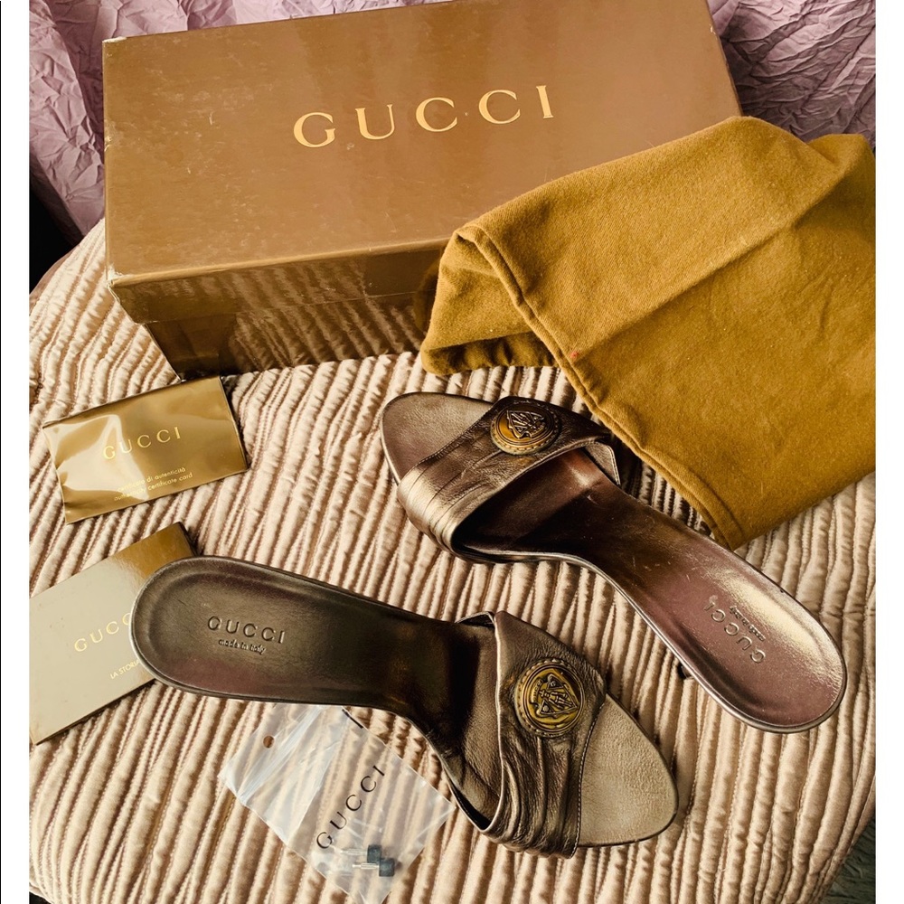 Gucci Metallic Bronze Leather Slide Heels